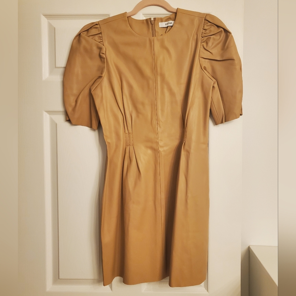 Vegan Leather Tan Puff Sleeve Mini Dress